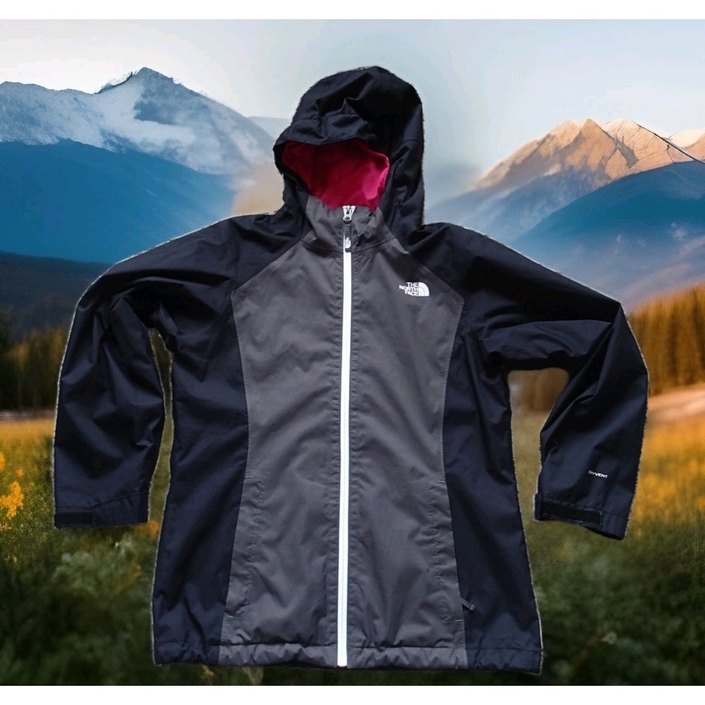 The North Face Rain Jacket Girls XL Black Grey Excellent DryVent Hooded Shell